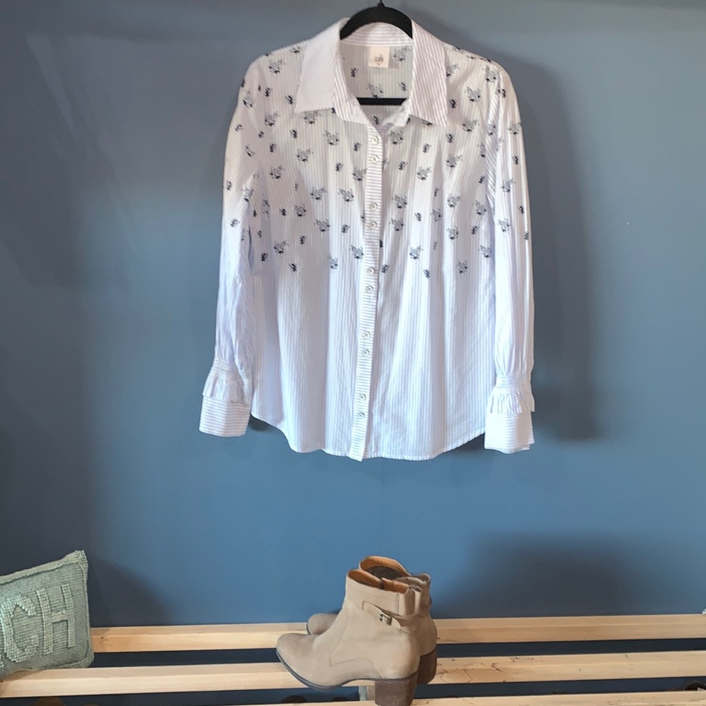 Blue and white striped button down top